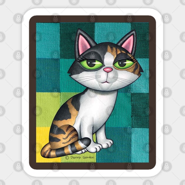 Cute Calico Cat on Greenish and yellow squares Sticker by Danny Gordon Art